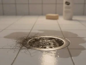 Ralo de banheiro entupido com acúmulo de cabelo e água borbulhando empoçada no piso.