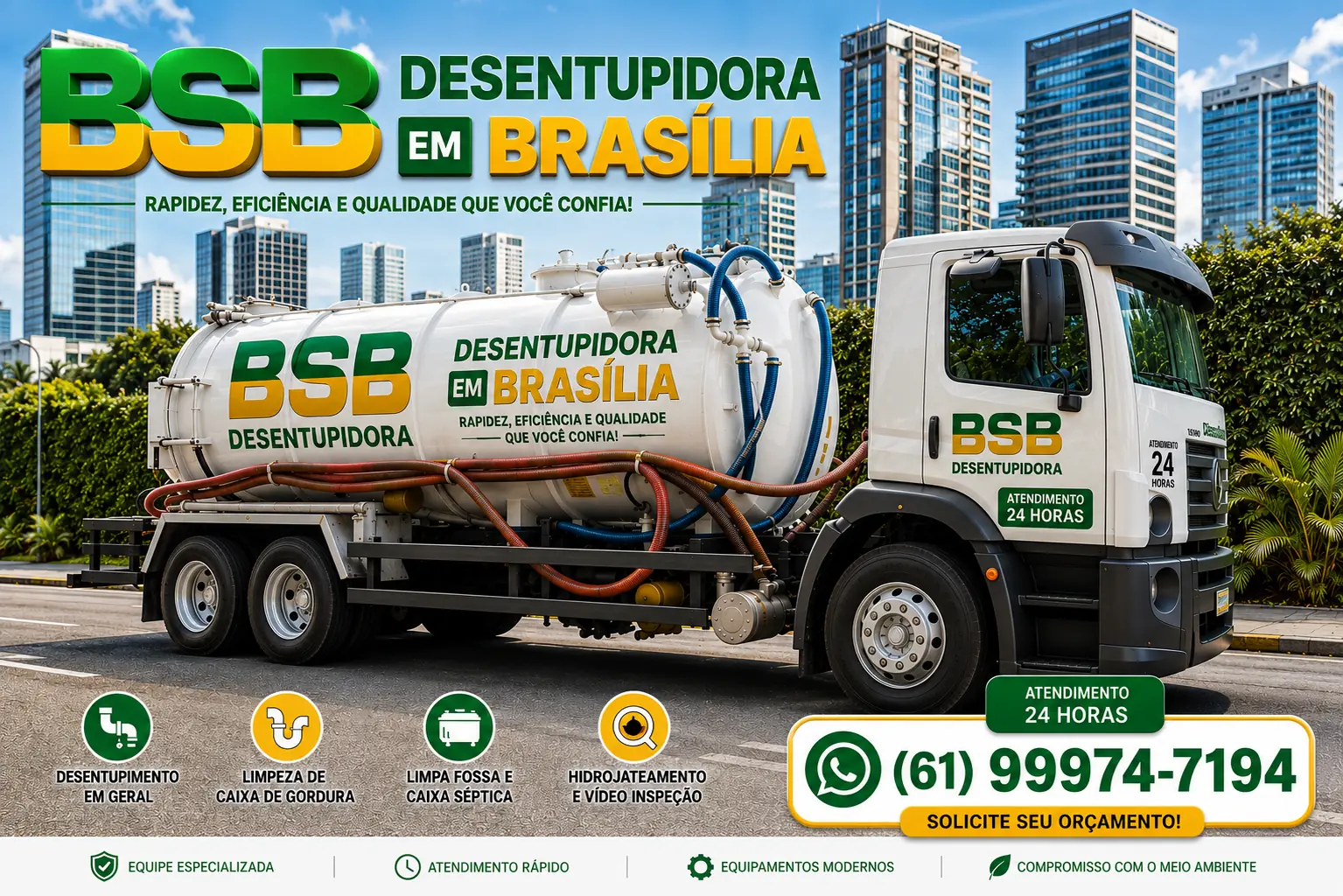 Frota de veículos da BSB Desentupidora em Brasília, mostrando uma van de atendimento rápido e um caminhão limpa fossa. O banner destaca o WhatsApp (61) 99974-7194, atendimento 24 horas e serviços especializados como hidrojateamento, vídeo inspeção e limpeza de caixas sépticas.