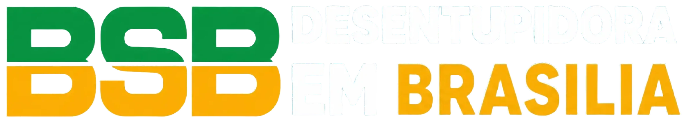 Logotipo da Desentupidora em Brasília BSB, com as letras BSB em verde e amarelo e o texto "Desentupidora em Brasília" em Branco e Amarelo, em um fundo transparente.